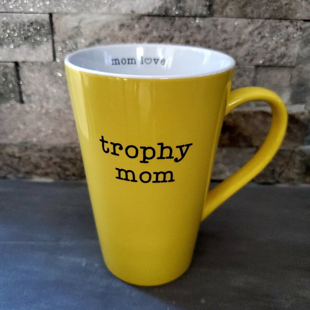 MOM LOVE Trophy Mom Tall Mug Yellow Black Type Font Coffee Tea Holiday Gift